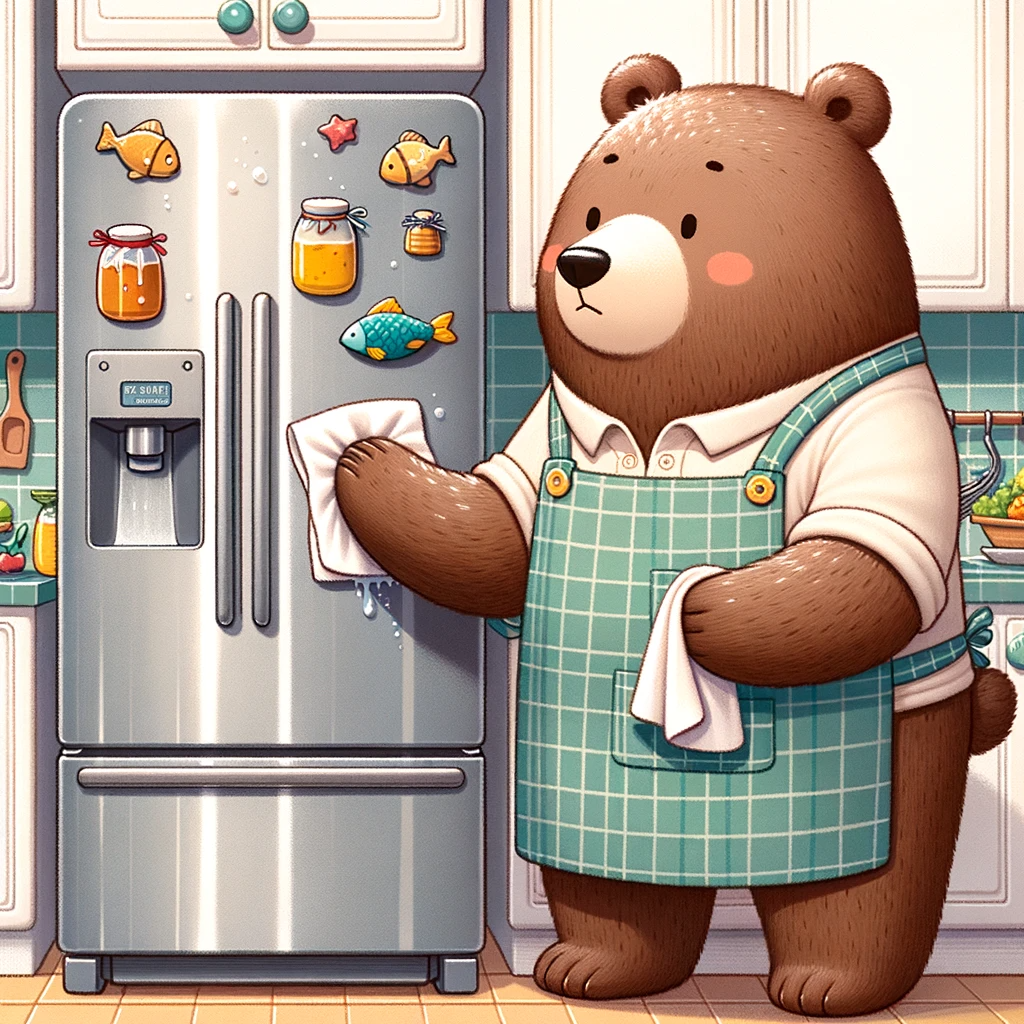 björn torkar och utför rengöring av sitt kylskåp